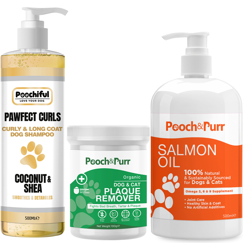 Pawfect Curls 500ml + Pooch And Purr Salmon Oil 500ml + Plaque Powder