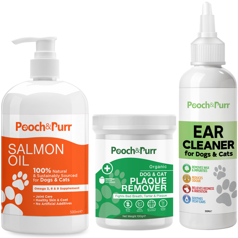 Pooch & Purr Salmon Oil 500ml, Plus Ear Cleaner 300ml, Plus Plaque